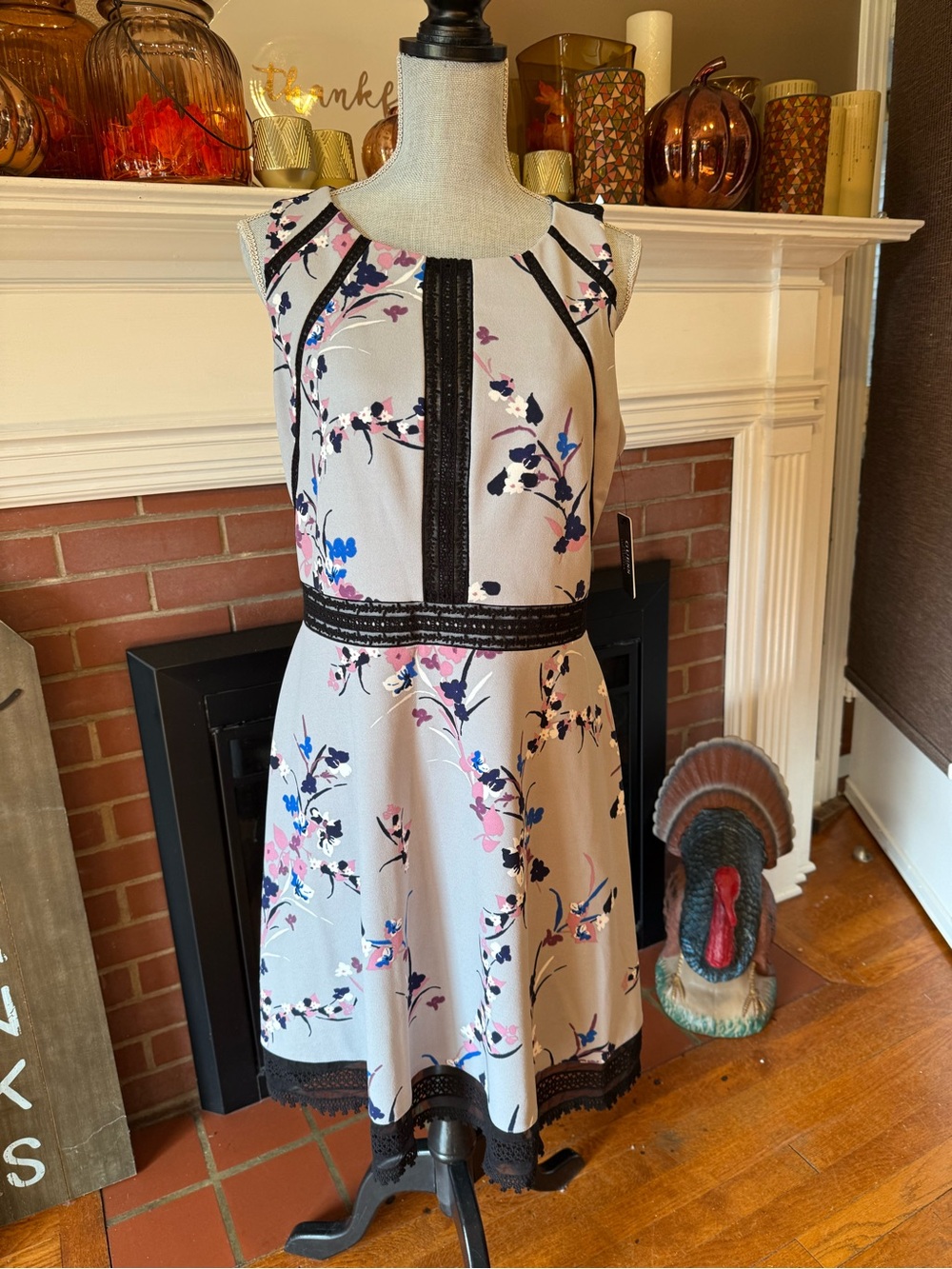 Guess Floral Fit-and-Flare Dress in Light Gray, Pink, Blue and Black